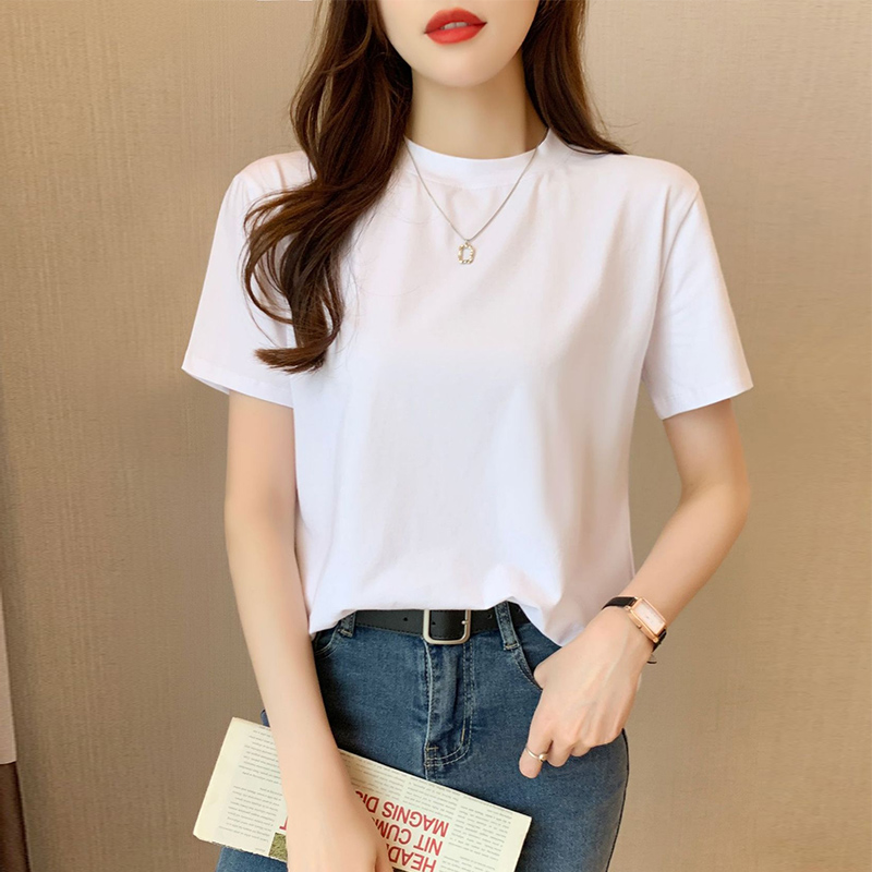 白色纯棉宽松半高领短袖t恤女夏