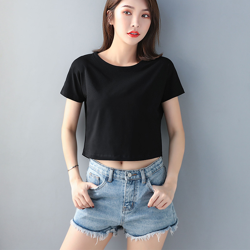 黑色纯棉小个子短袖t恤女短款