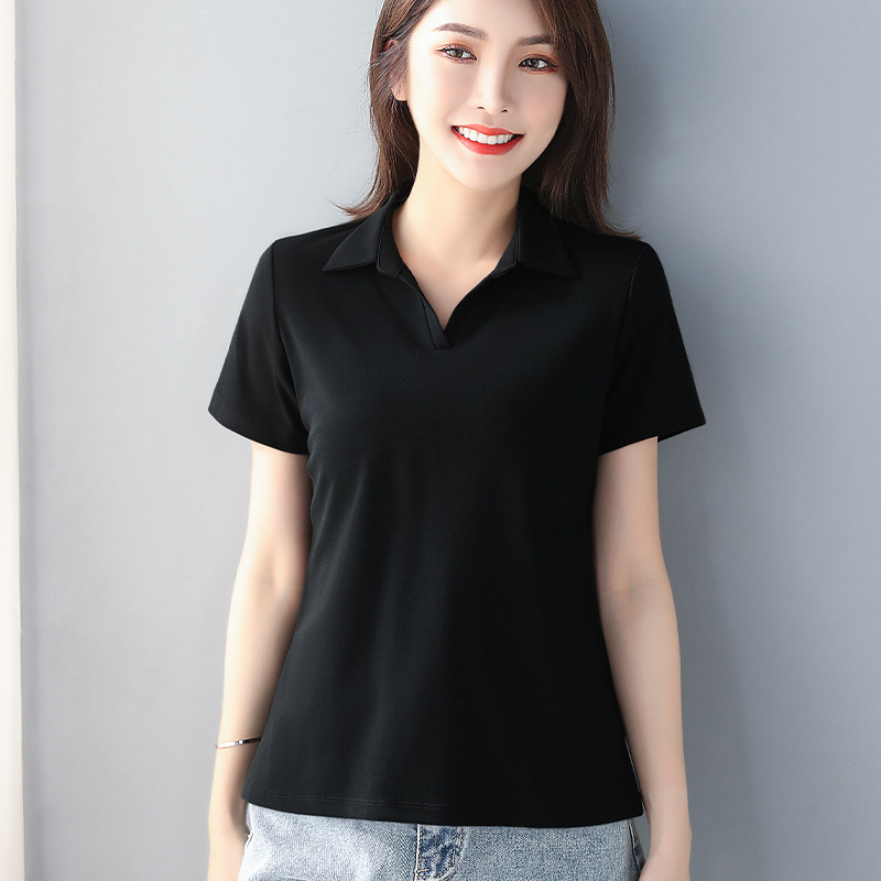 블랙 스레드 코튼 폴로 셔츠 반팔 RT 셔츠 여성 여름 새 흰색 옷깃 느슨한 슬리밍 바닥 셔츠 탑