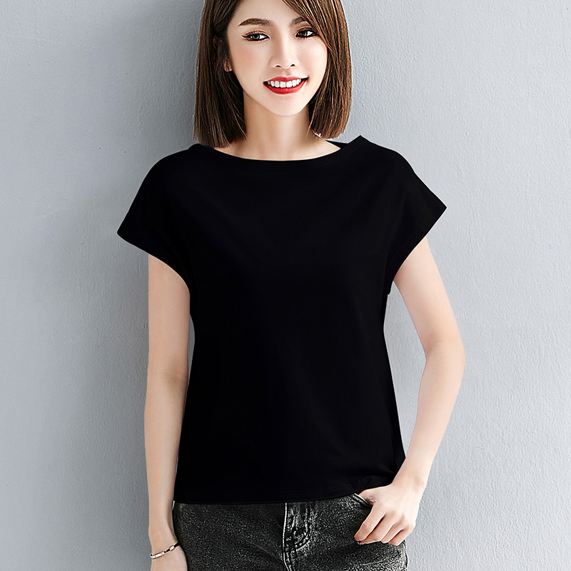黑色宽松一字领插肩袖短袖t恤女