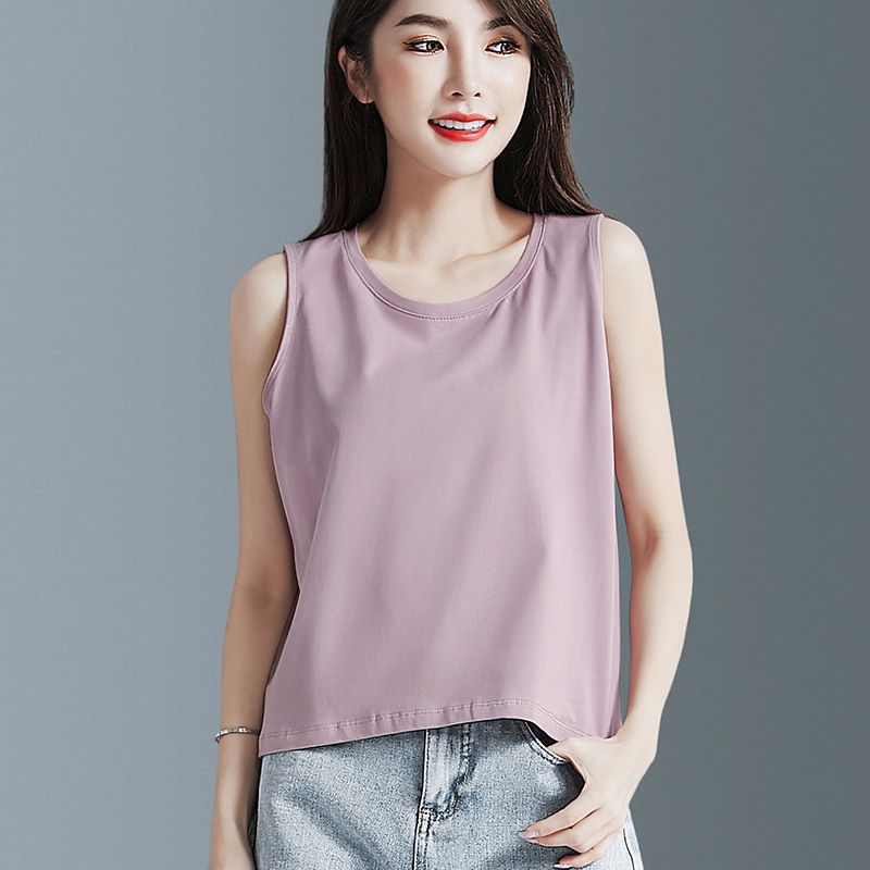 紫色纯棉宽松圆领吊带背心女短款
