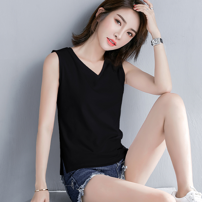 纯棉宽松V领打底背心女下摆开叉