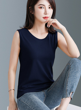 藏蓝色罗纹棉直筒吊带背心女内搭夏季新款纯色宽松外穿无袖打底衫