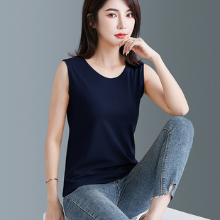 打底衫 纯色宽松外穿无袖 新款 藏蓝色罗纹棉直筒吊带背心女内搭夏季