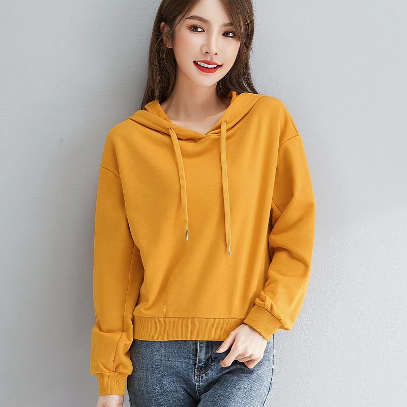 黄色宽松抽绳连帽卫衣女短款春秋新款纯色时尚洋气减龄小个子上衣