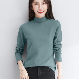 长袖 纯色修身 t恤 女内搭秋冬新款 绿色加厚保暖精梳棉半高领打底衫