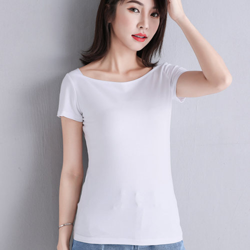 白色修身精梳棉一字领短袖t恤女