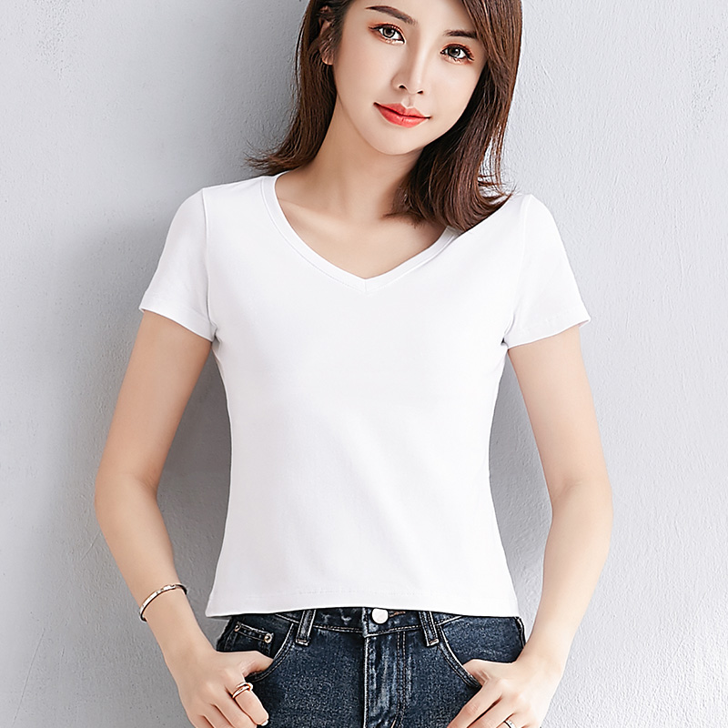 纯棉修身V领小个子短袖t恤女短款