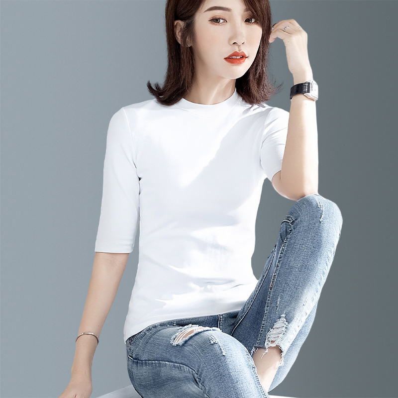 白色中袖t恤打底衫女纯棉七分袖夏季修身半高领五分袖体恤衫上衣