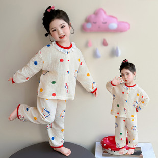 儿童女童法兰绒睡衣宝宝珊瑚春秋长袖加厚开衫家居服套装新款空调