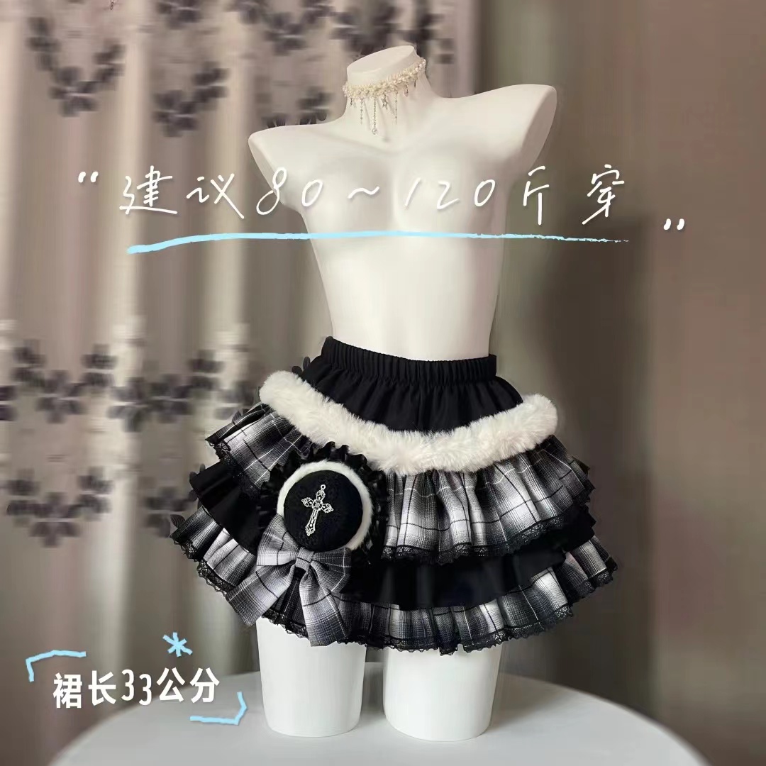 亚文化带头饰黑白格蛋糕裙