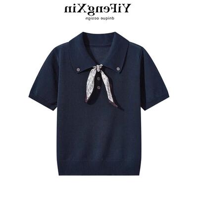 藏青色polo领正肩针织短袖t恤女夏季设计感丝巾薄款冰丝半袖上衣