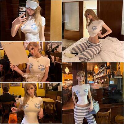 PrettyDragon美式辣妹紧身高弹短袖正肩T恤女夏可爱猫爪印花上衣