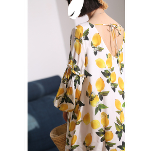 Y 度假风柠檬印花露背系带灯笼九分袖真丝连衣裙短裙130