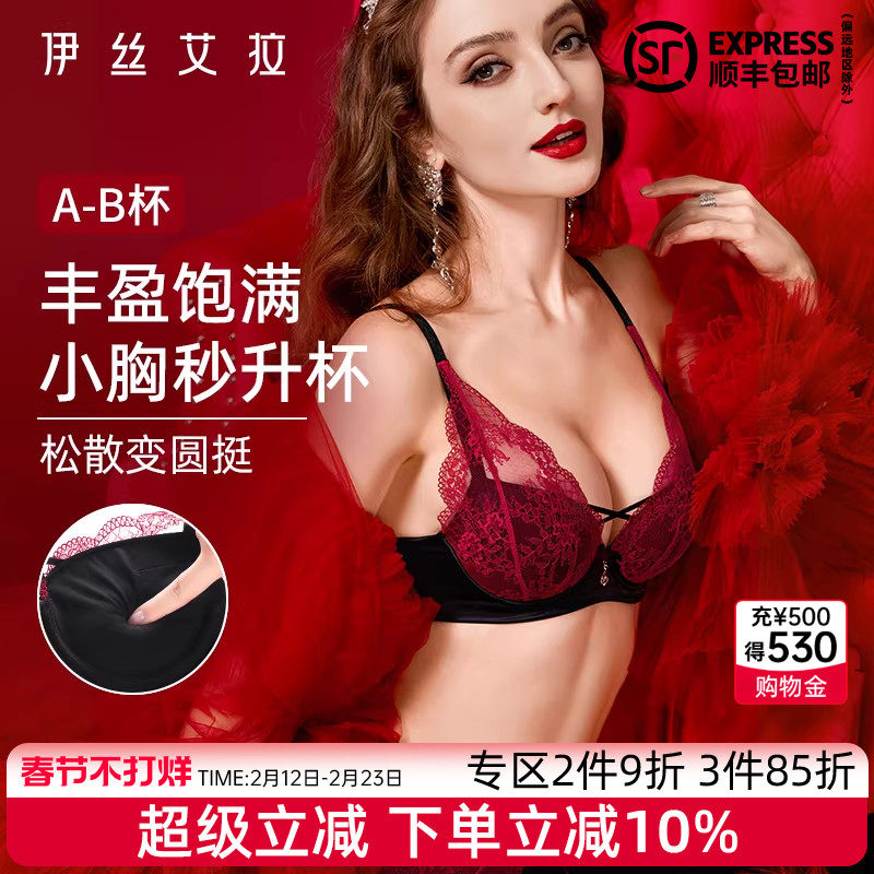 伊丝艾拉红色内衣小胸聚拢显大收副乳防下垂结婚新娘性感文胸套装