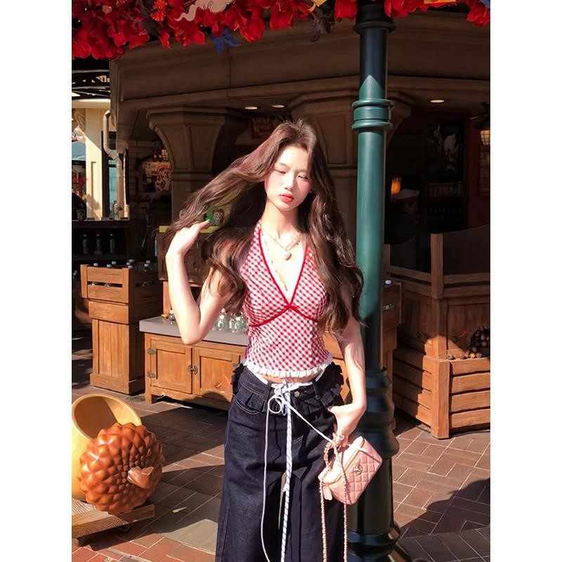 12YE 红色小众格子背心吊带女夏季拼接蕾丝内搭性感挂脖辣妹上衣,个性定制/设计服务/DIY,工作服定制,淘宝优惠券,粉丝福利购,淘宝优惠卷