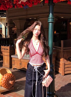12YE 红色小众格子背心吊带女夏季拼接蕾丝内搭性感挂脖辣妹上衣