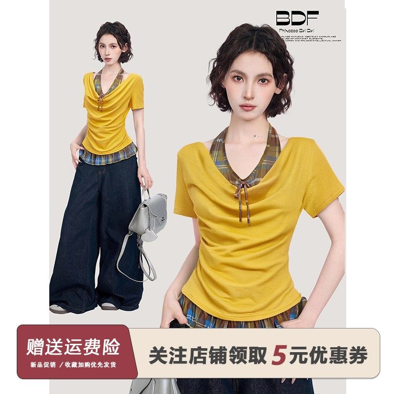 黄色假两件荡领挂脖正肩短袖t恤女夏夏季花边修身收腰设计感上衣,个性定制/设计服务/DIY,工作服定制,淘宝优惠券,粉丝福利购,淘宝优惠卷