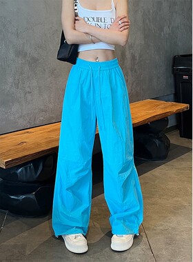湖蓝色复古伞兵工装裤女夏季2025新款美式辣妹薄款休闲阔腿运动裤