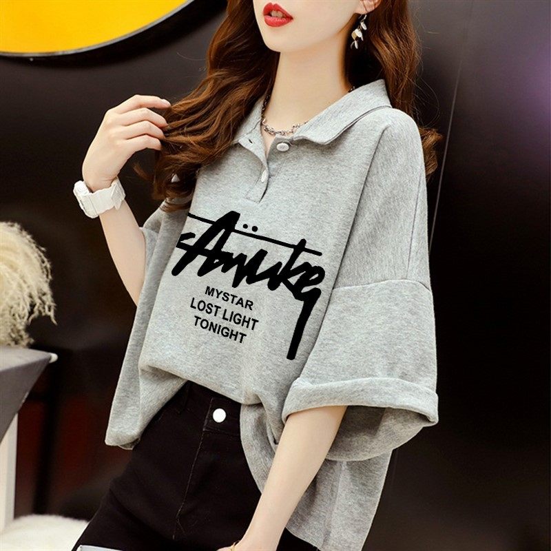 POLO衫短袖t恤女纯棉夏季休闲 爆款宽松2025年新款短款灰色V领上,女装/女士精品,大码内搭,淘宝优惠券,粉丝福利购,淘宝优惠卷