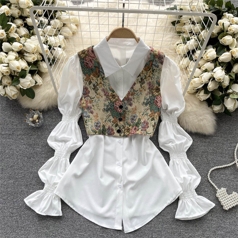 法式印花油画复古马甲内搭中长款白色衬衣泡泡袖褶皱衬衫两件套女