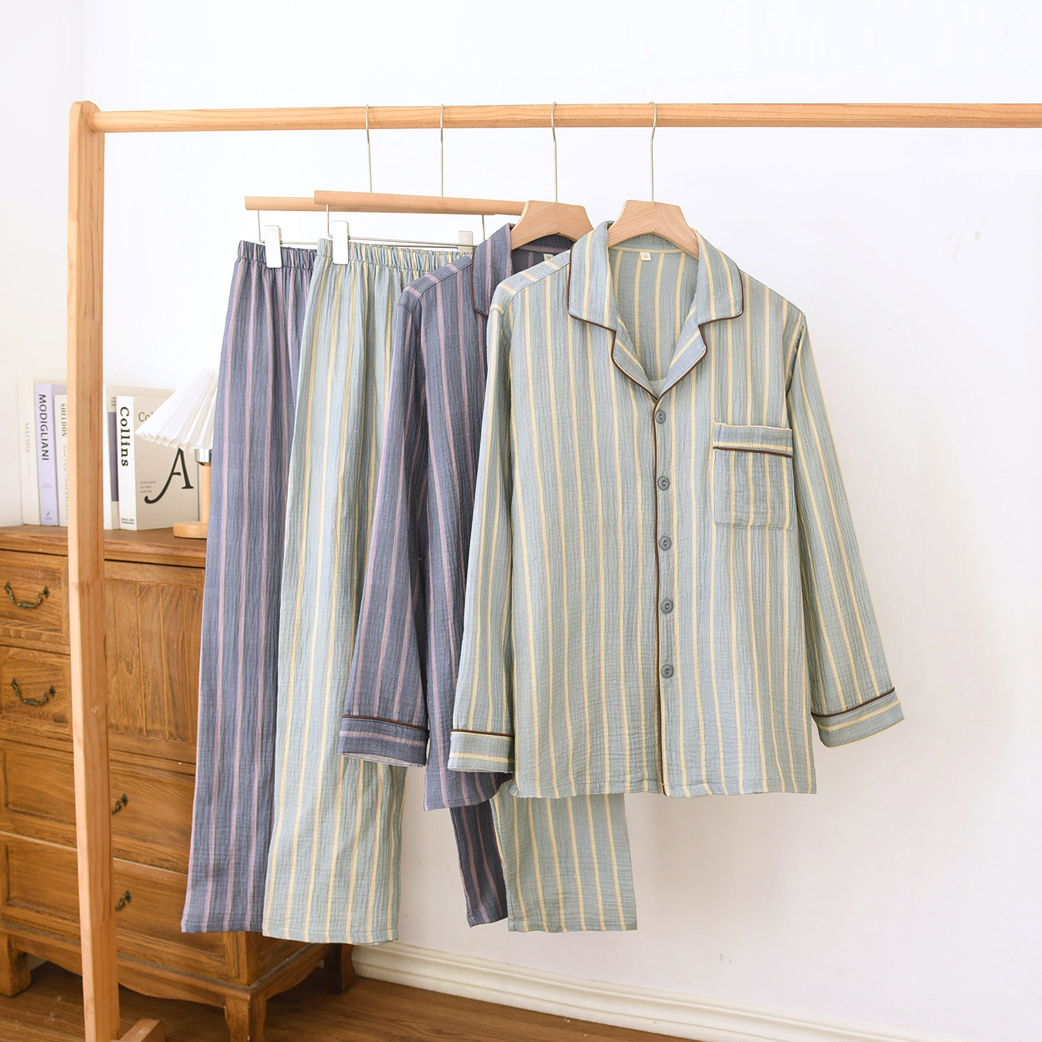 2025新款男士纯棉双层纱布绉布睡衣春秋夏薄款简约竖条家居服套装,女士内衣/男士内衣/家居服,睡衣/家居服套装,淘宝优惠券,粉丝福利购,淘宝优惠卷