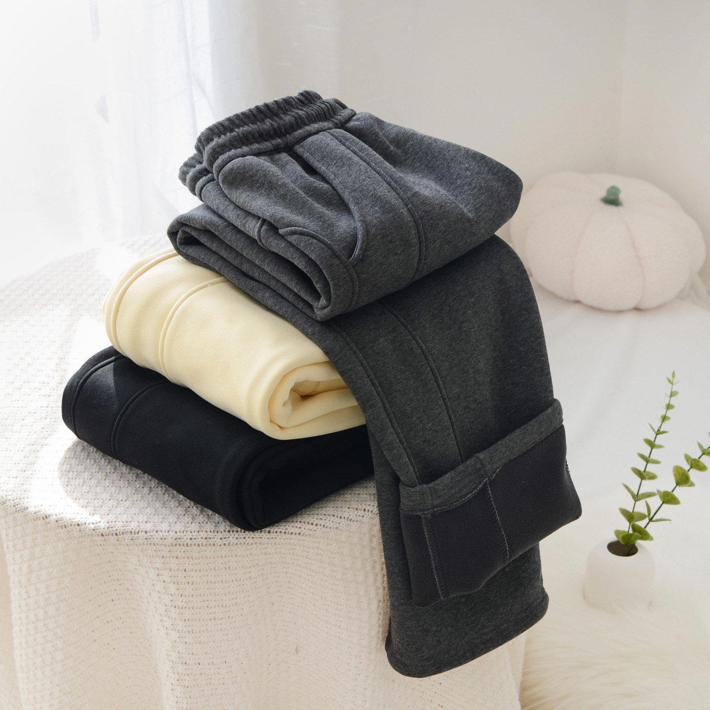 2025秋冬女士加绒加厚窄版直筒休闲卫裤高腰宽松显瘦百搭外穿长裤 - 珍妮睡衣家居服出品