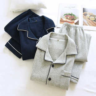 2025年秋冬男空气棉睡衣简约大码 纯色中厚夹棉休闲纯棉家居服套装