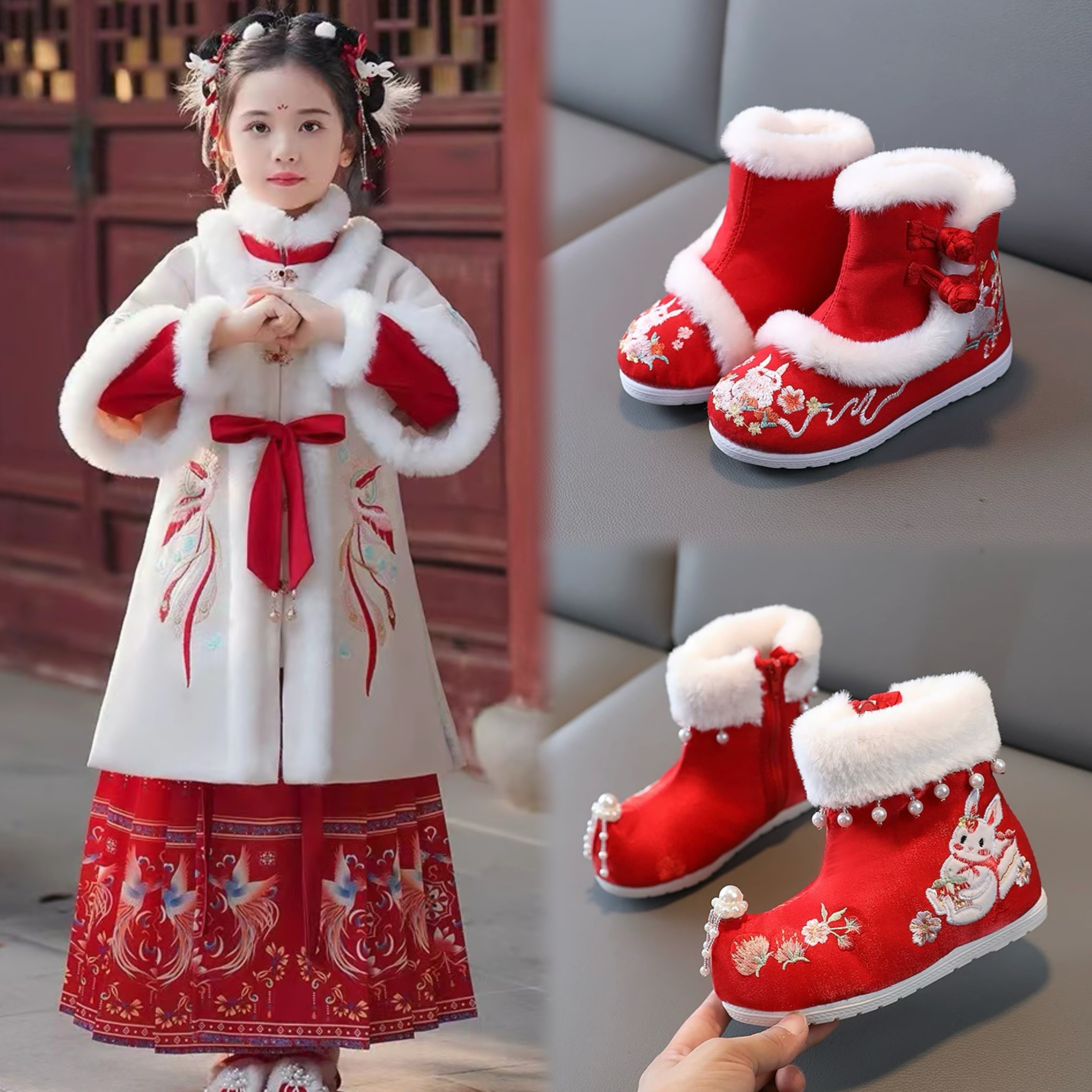 冬季加绒古风鞋棉靴汉服靴子女童兔子儿童过年拜年鞋冬靴古装棉鞋,童鞋/婴儿鞋/亲子鞋,儿童汉服鞋,淘宝优惠券,粉丝福利购,淘宝优惠卷