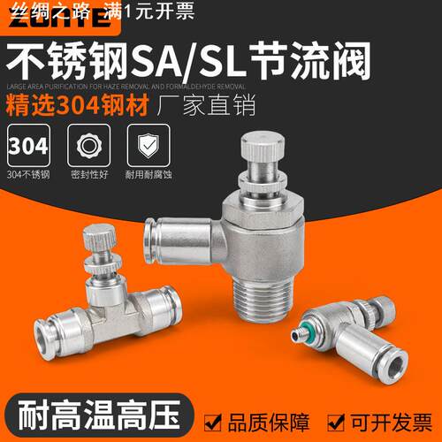 304不锈钢气动气管接头调速单向限流气缸节流阀SL6-01/8-02/10-03