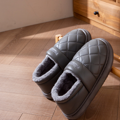 PU皮面防水加绒加厚包跟棉拖鞋男