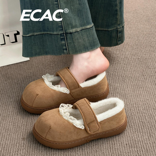 ECAC蕾丝花边棉拖鞋女冬外穿ins潮日系软妹魔术贴加绒保暖毛毛鞋H