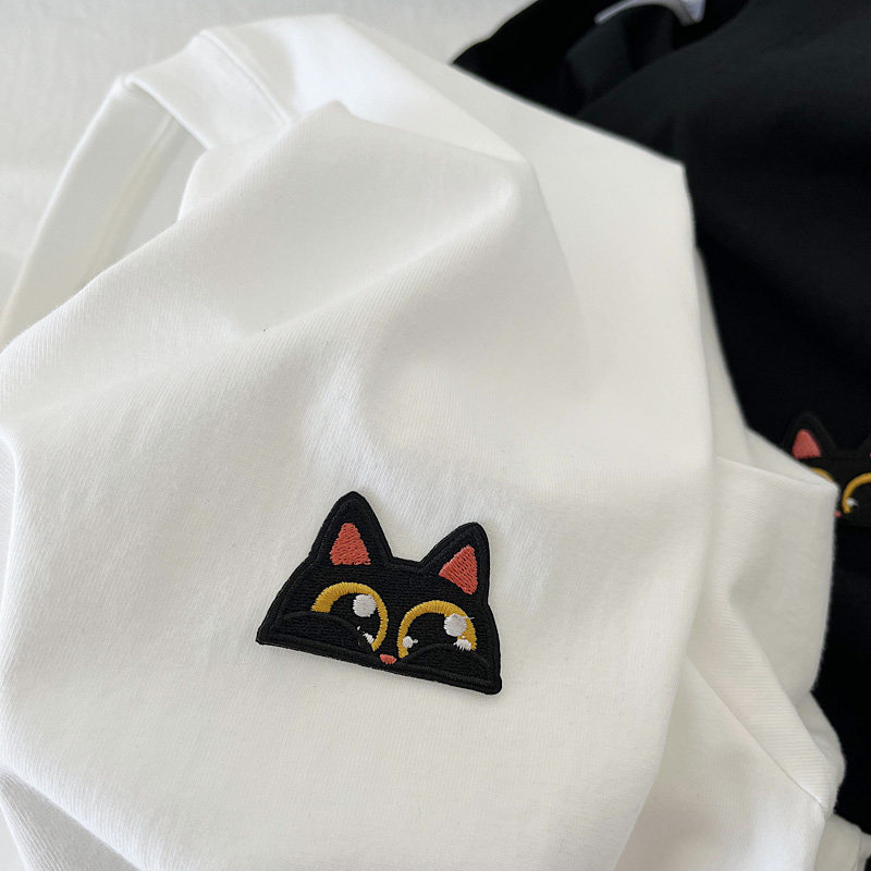 大眼睛猫刺绣贴布卡通圆领宽松百搭休闲男女情侣短袖T恤学生半袖