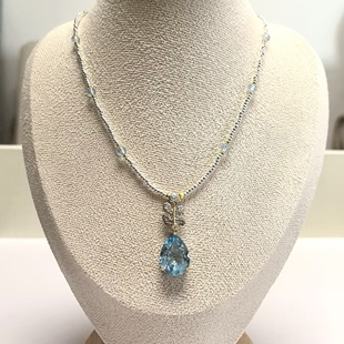 7.5mm 配海蓝宝 S925通体纯银精工镶嵌托帕石吊坠17 D1375