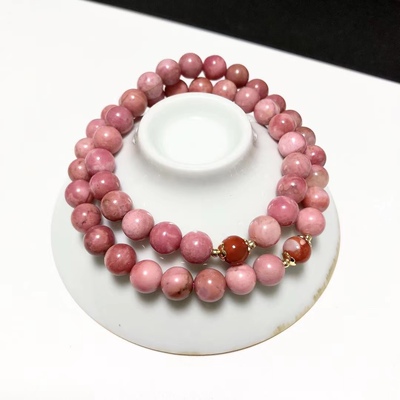 S259# 天然粉蔷薇辉石双圈手链7.3mm 配南红圆珠6.5mm*2颗