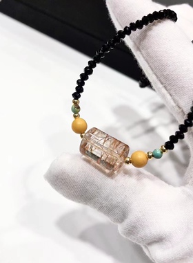 D704# 天然黑金超桶珠滚运珠锁骨链15*10mm 配黑尖晶万能链