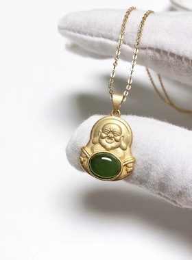 D148# 天然和田玉碧玉镶嵌老金佛公吊坠 20*15.5*4mm 总重2.17克