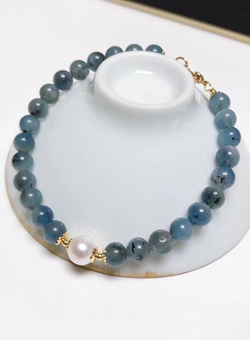 S415# 天然魔鬼蓝海蓝宝手链6.3mm 配淡水珍珠极光小灯泡7mm