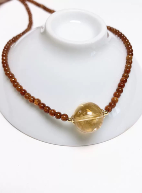 D258# 天然橙红石榴石黄水晶锁骨链吊坠3mm 黄水晶圆珠12mm