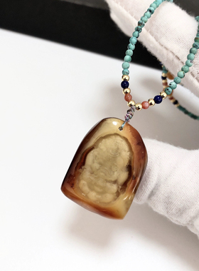 D1438# 天然原矿老蜜蜡带原皮宝宝佛吊坠 配原矿绿松石万能链