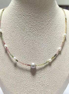 D1428# 天然碧玺珍珠项链 碧玺2mm 灰珍珠8mm 水滴珍珠4*4.5mm