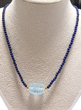 D1312# 天然冰种海蓝宝桶珠锁骨链 17.2*13mm 配青金石项链3mm