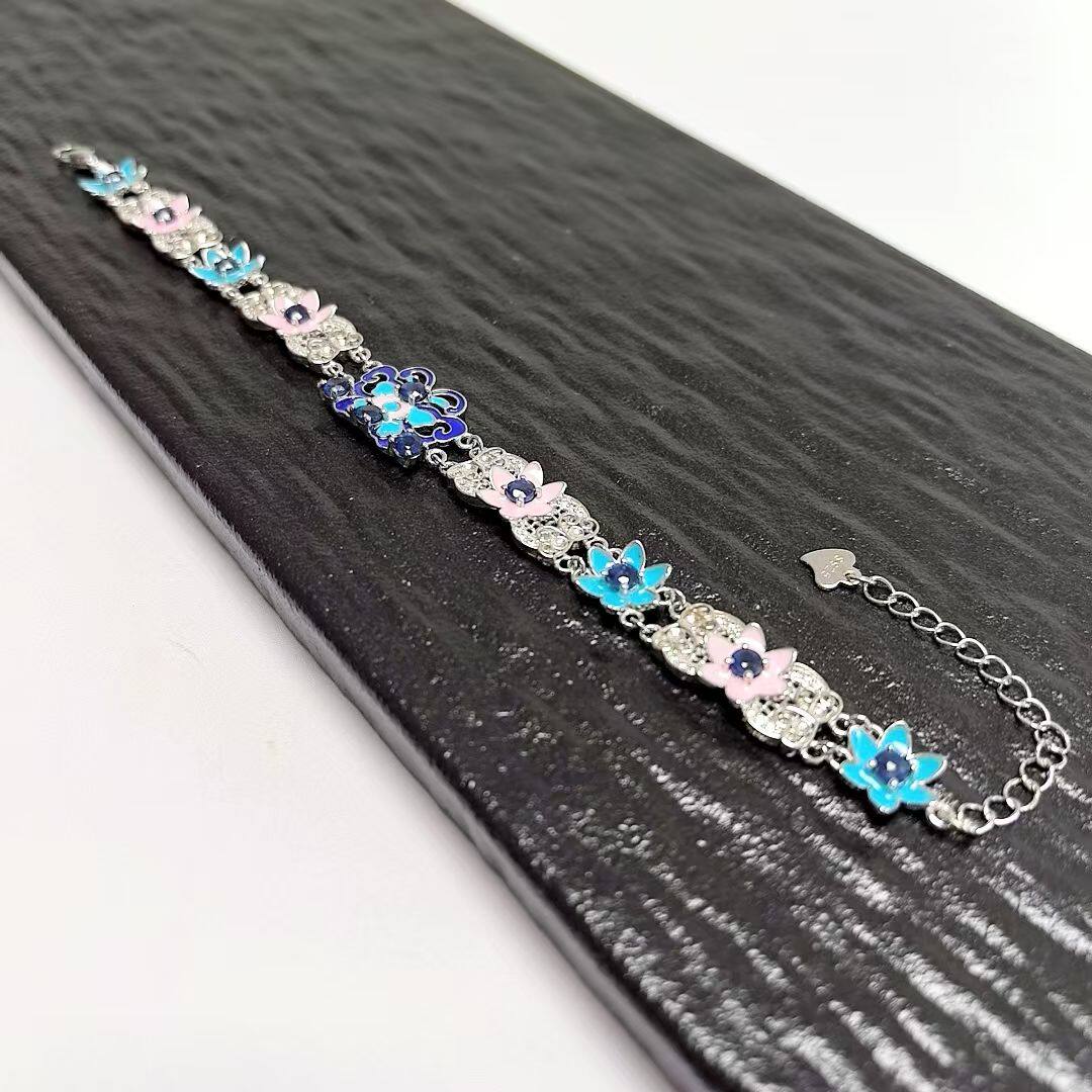 S619# 通体S925纯银复古烧蓝珐琅彩精工镶嵌蓝宝石手链9-12.5*3mm