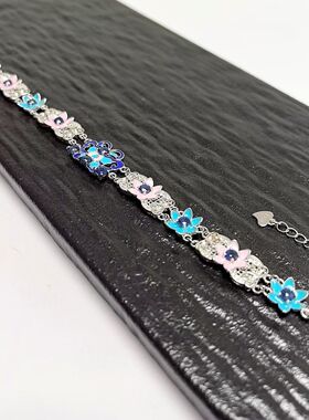 S619# 通体S925纯银复古烧蓝珐琅彩精工镶嵌蓝宝石手链9-12.5*3mm