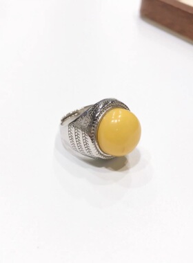 G23# 天然满蜜鸡油黄蜜蜡戒指 S925银戒托