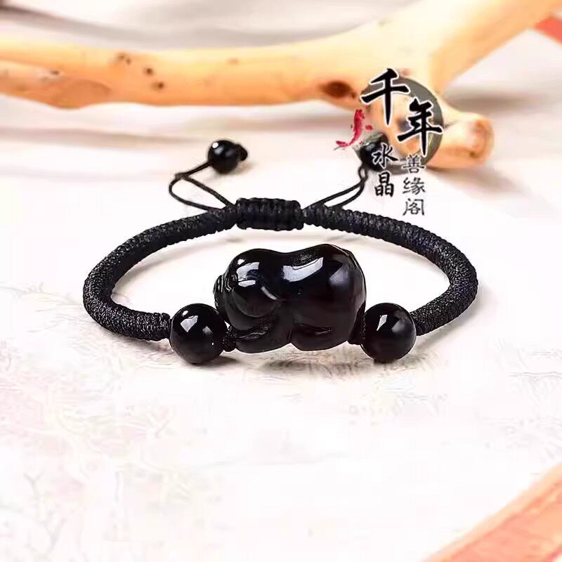 2025年黑曜石十二生肖立体卡通鼠牛虎龙蛇马羊猴鸡猪红绳手链