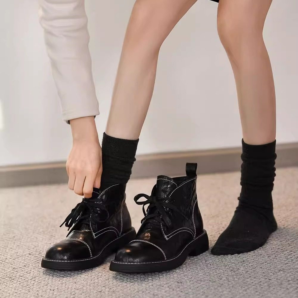 六鹿 羊皮复古黑色真皮切尔西短靴女 秋冬英伦风加绒厚底增高单靴