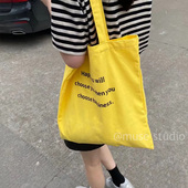 heymaymay原创 明黄色字母印花大容量帆布包女帆布袋购物袋