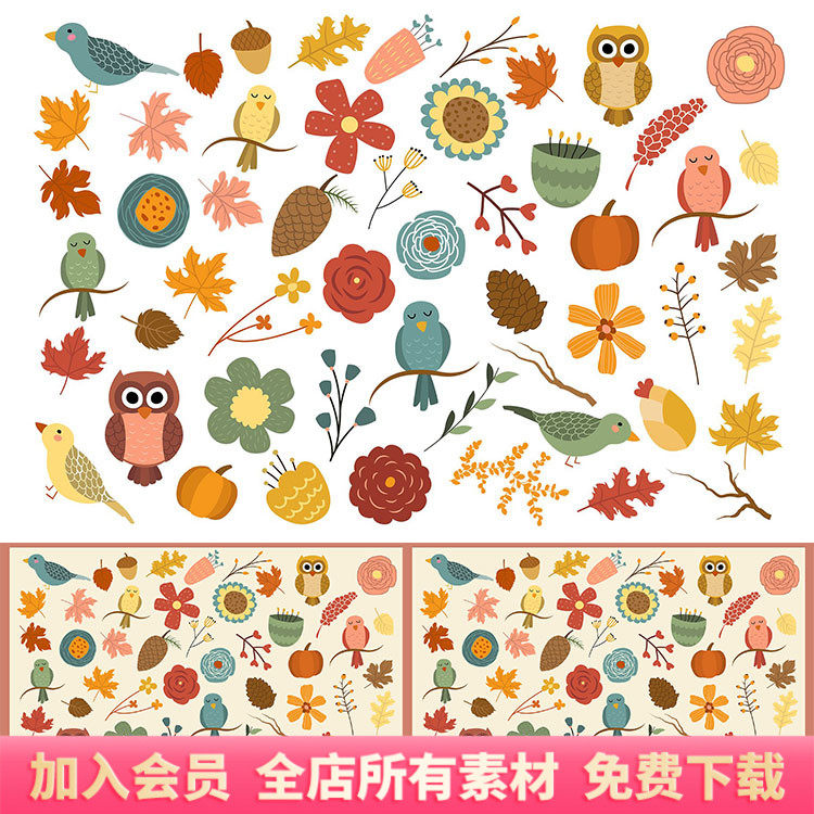 秋季鸟类卡通猫头鹰花卉元素手账装饰ai矢量插画png免扣素材