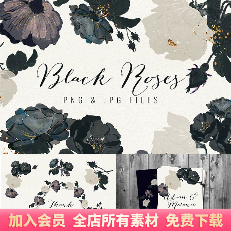 黑色水彩手绘诡异暗黑玫瑰装饰元素手账插画PNG免扣设计素材